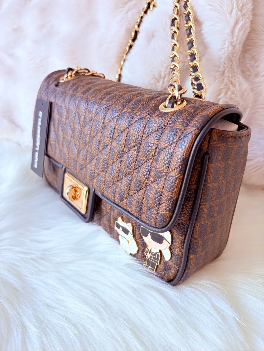 🩷🩷Karl Lagerfeld Brown Checker Quilted Shoulder Bag with Gold Chain🩷🩷